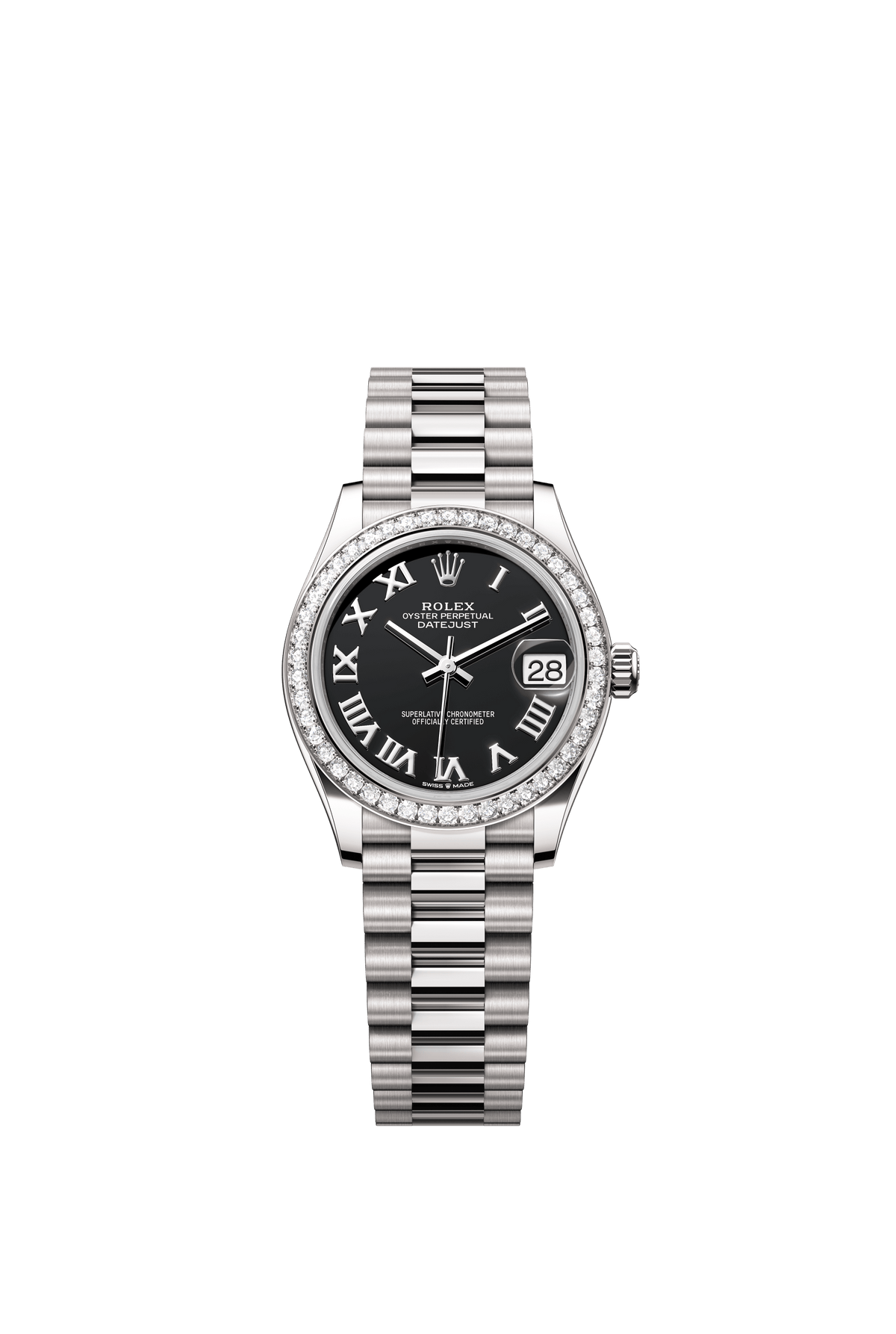 Rolex Oyster Perpetual Datejust 31 in 18 ct white gold features a bright black dial and a President bracelet 278289RBR-Black