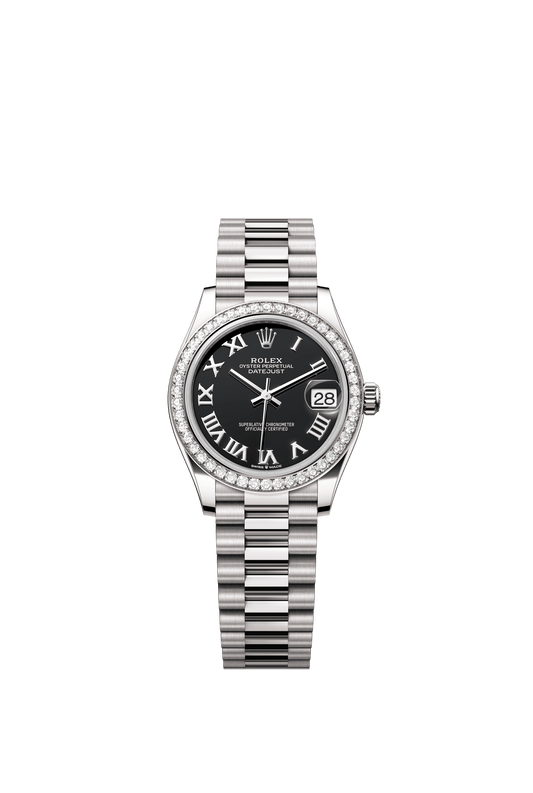 Rolex Oyster Perpetual Datejust 31 in 18 ct white gold features a bright black dial and a President bracelet 278289RBR-Black