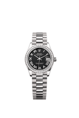 Rolex Oyster Perpetual Datejust 31 in 18 ct white gold features a bright black dial and a President bracelet 278289RBR-Black