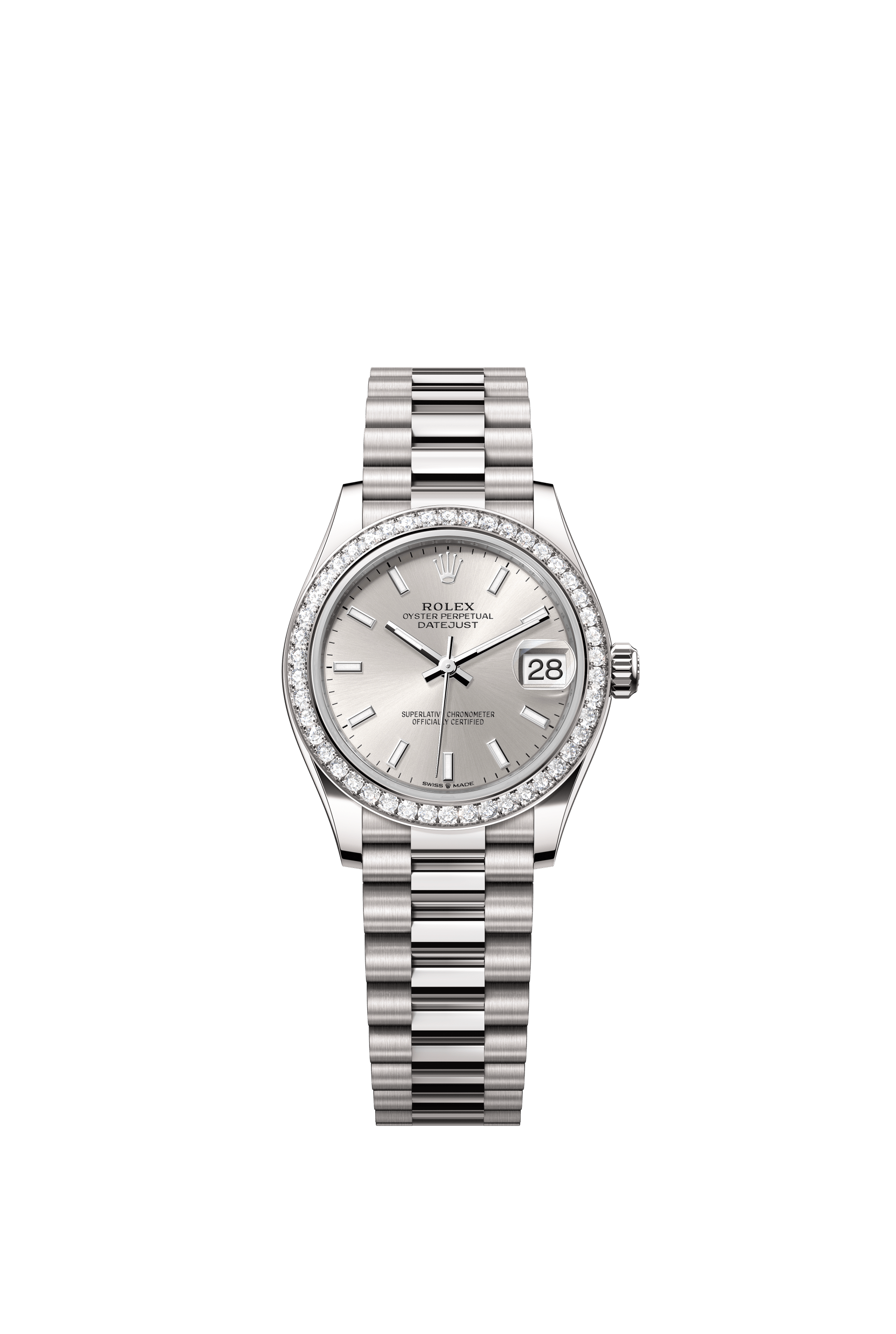 Rolex Oyster Perpetual Datejust 31 in 18 ct white gold features a silver dial and a President bracelet 278289RBR-Silver