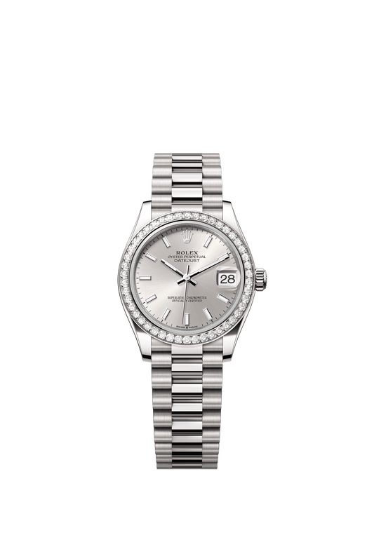 Rolex Oyster Perpetual Datejust 31 in 18 ct white gold features a silver dial and a President bracelet 278289RBR-Silver