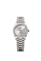 Rolex Oyster Perpetual Datejust 31 in 18 ct white gold features a silver dial and a President bracelet 278289RBR-Silver