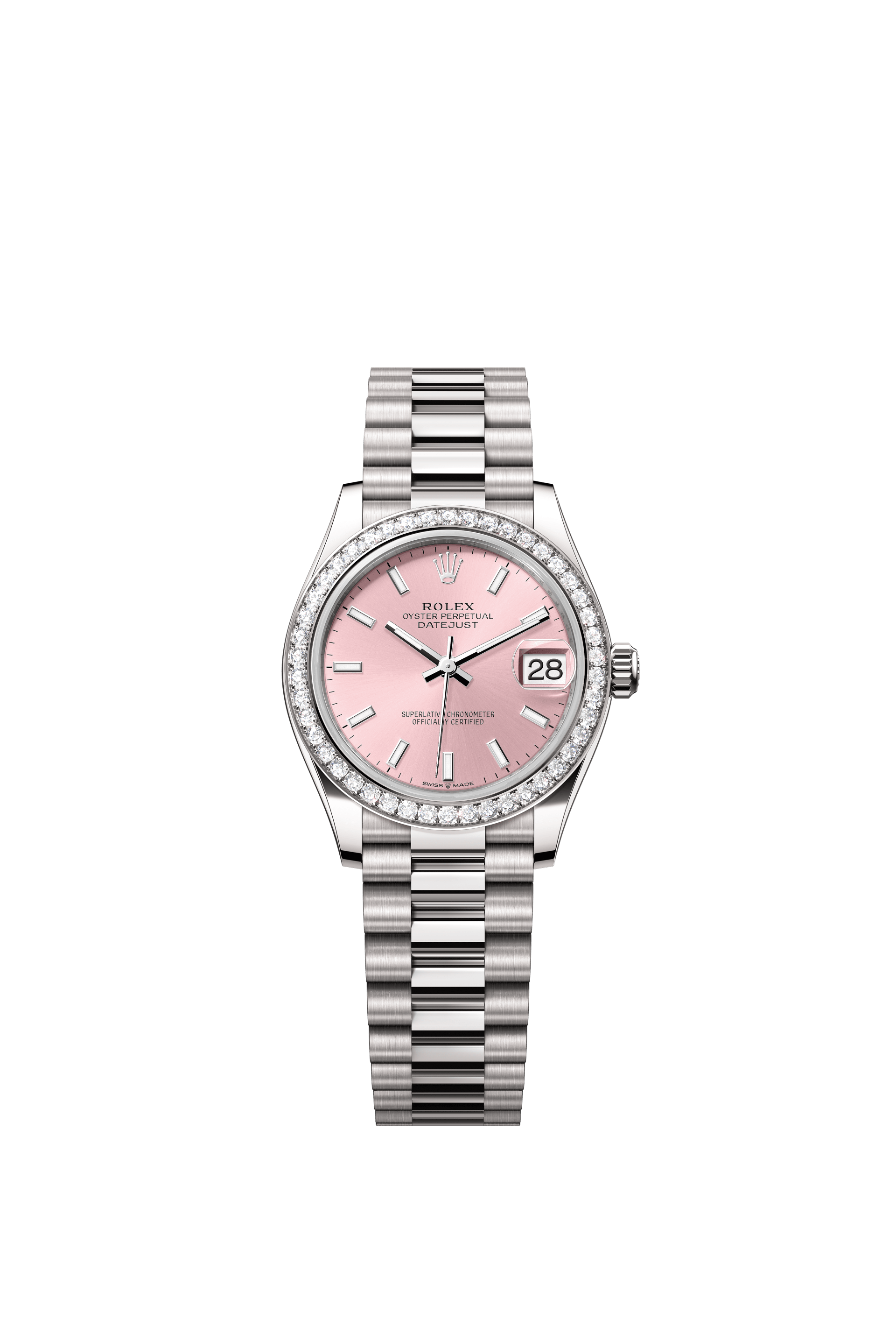 Rolex Oyster Perpetual Datejust 31 in 18 ct white gold features a pink dial and a President bracelet 278289RBR-Pink 1