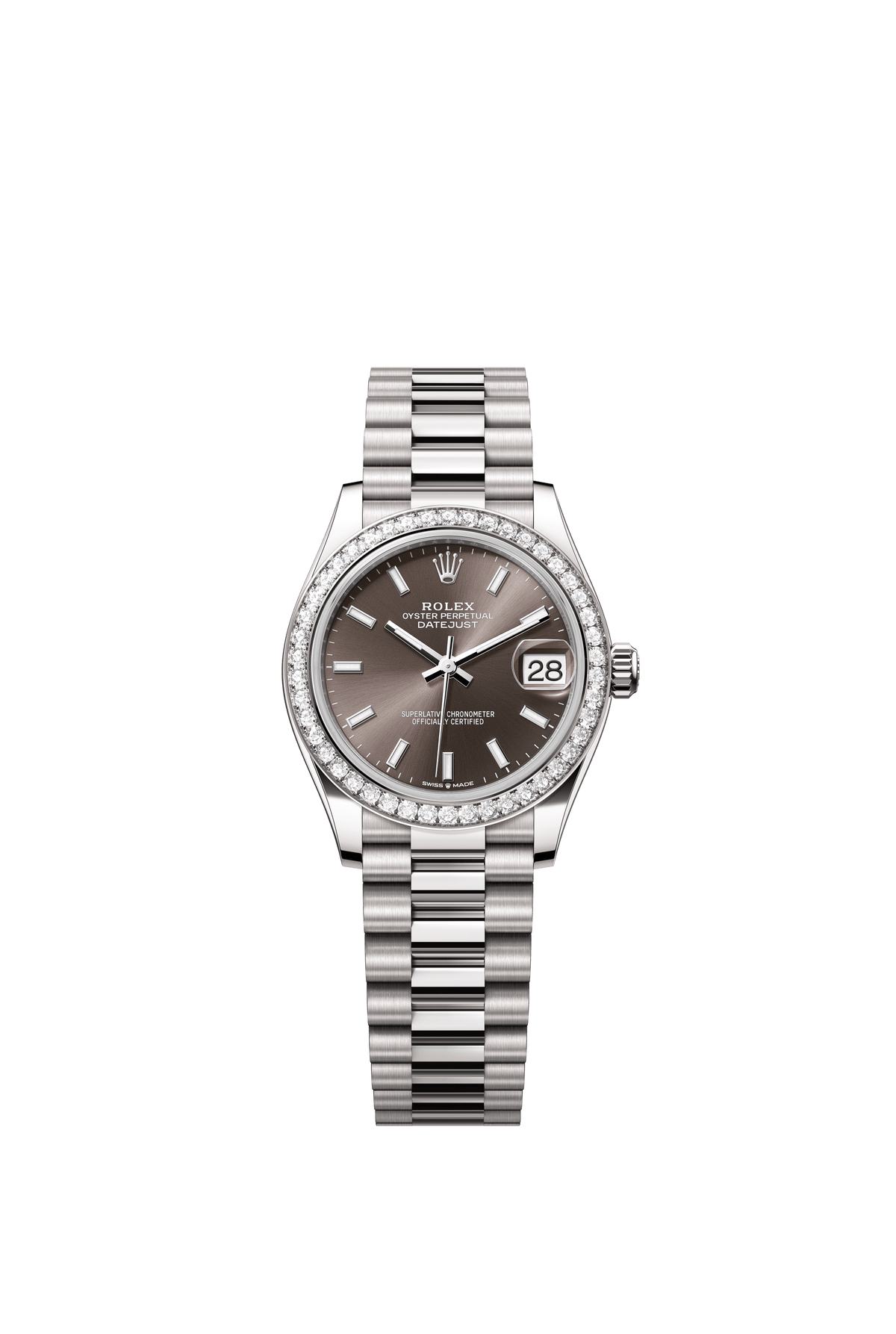 Rolex Oyster Perpetual Datejust 31 in 18 ct white gold features a dark grey dial and a President bracelet 278289RBR-Grey 1