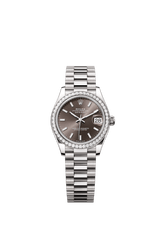 Rolex Oyster Perpetual Datejust 31 in 18 ct white gold features a dark grey dial and a President bracelet 278289RBR-Grey 1