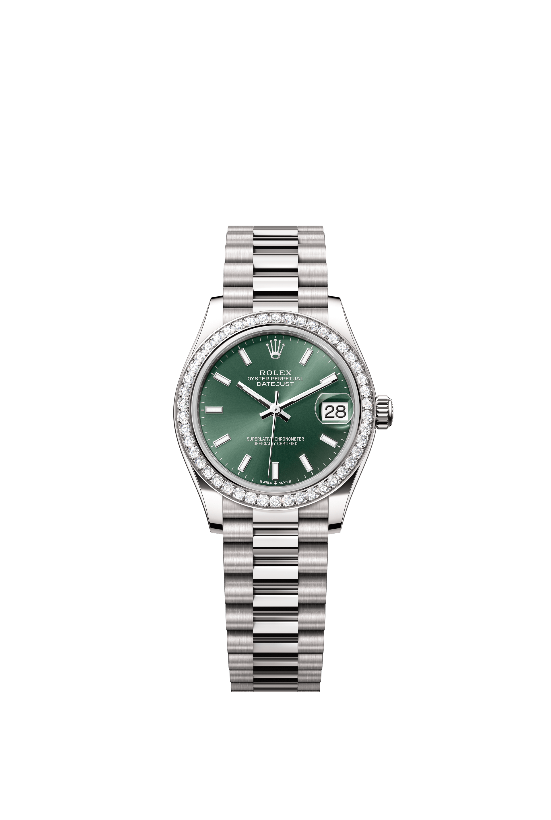 Rolex Oyster Perpetual Datejust 31 in 18 ct white gold features a mint green dial and a President bracelet 278289RBR-Green