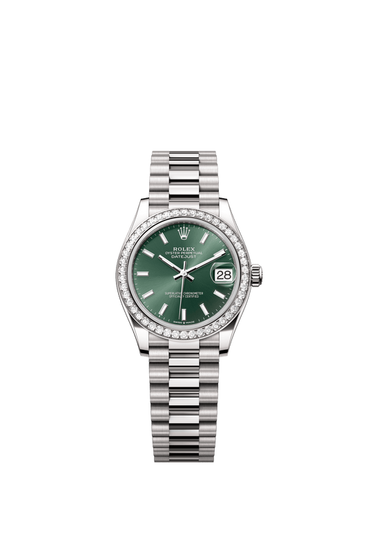 Rolex Oyster Perpetual Datejust 31 in 18 ct white gold features a mint green dial and a President bracelet 278289RBR-Green