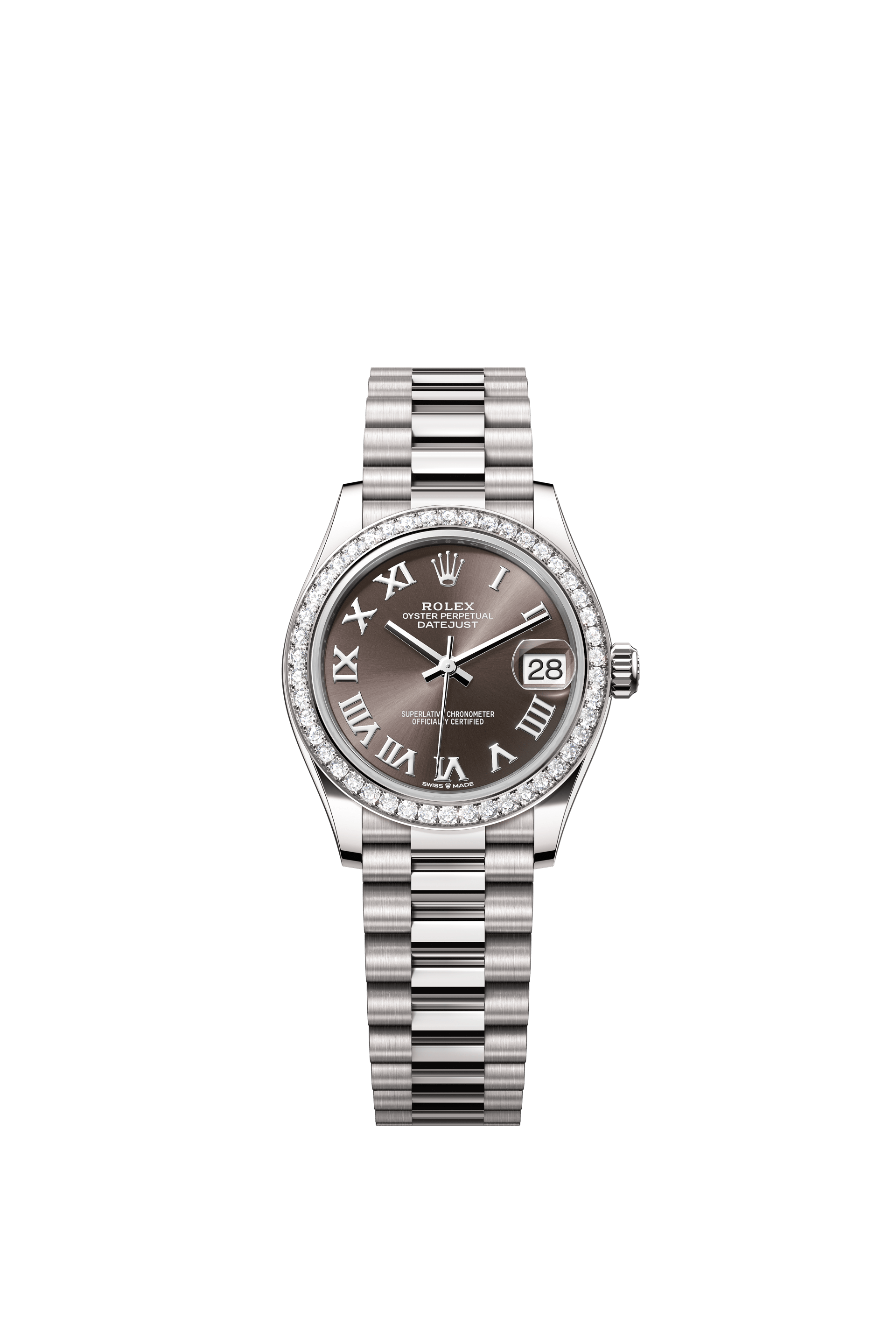 Rolex Oyster Perpetual Datejust 31 in 18 ct white gold features a dark grey dial and a President bracelet 278289RBR-Grey 2