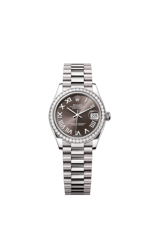 Rolex Oyster Perpetual Datejust 31 in 18 ct white gold features a dark grey dial and a President bracelet 278289RBR-Grey 2