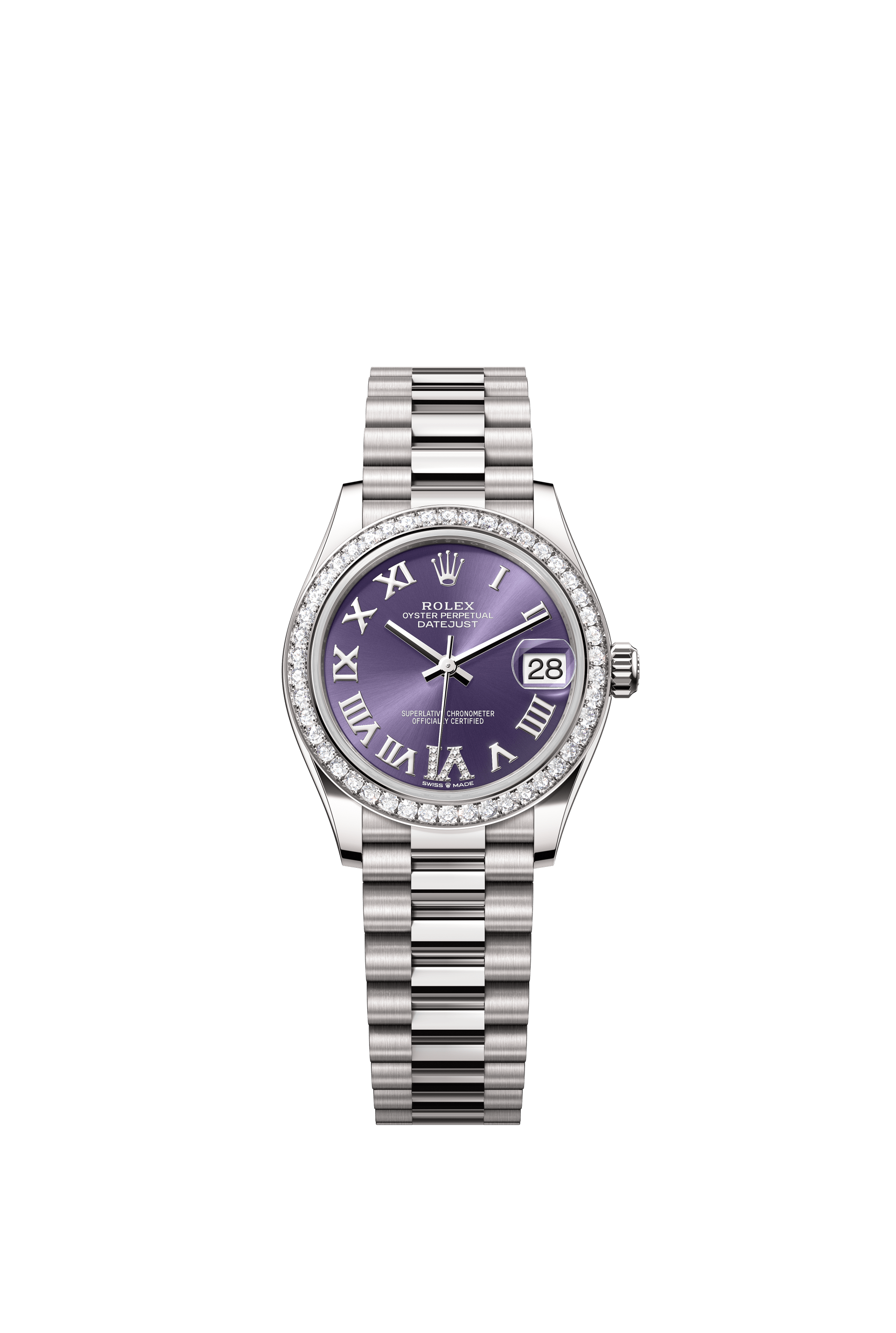 Rolex Oyster Perpetual Datejust 31 in 18 ct white gold features an aubergine, diamond-set dial and a President bracelet 278289RBR-Aubergine