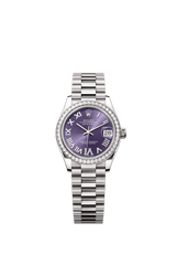 Rolex Oyster Perpetual Datejust 31 in 18 ct white gold features an aubergine, diamond-set dial and a President bracelet 278289RBR-Aubergine