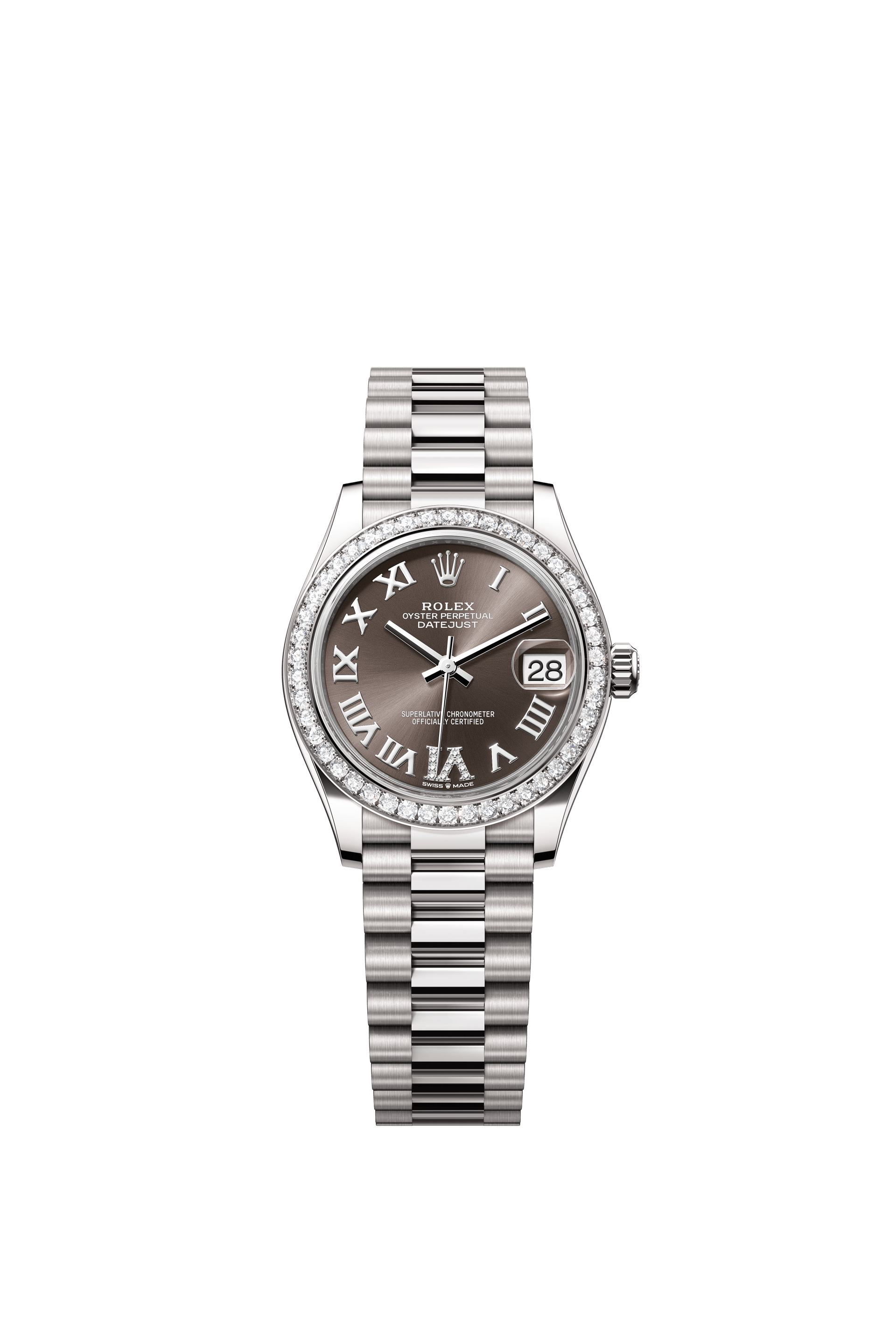 Rolex Oyster Perpetual Datejust 31 in 18 ct white gold features a dark grey, diamond-set dial and a President bracelet 278289RBR-Grey 3