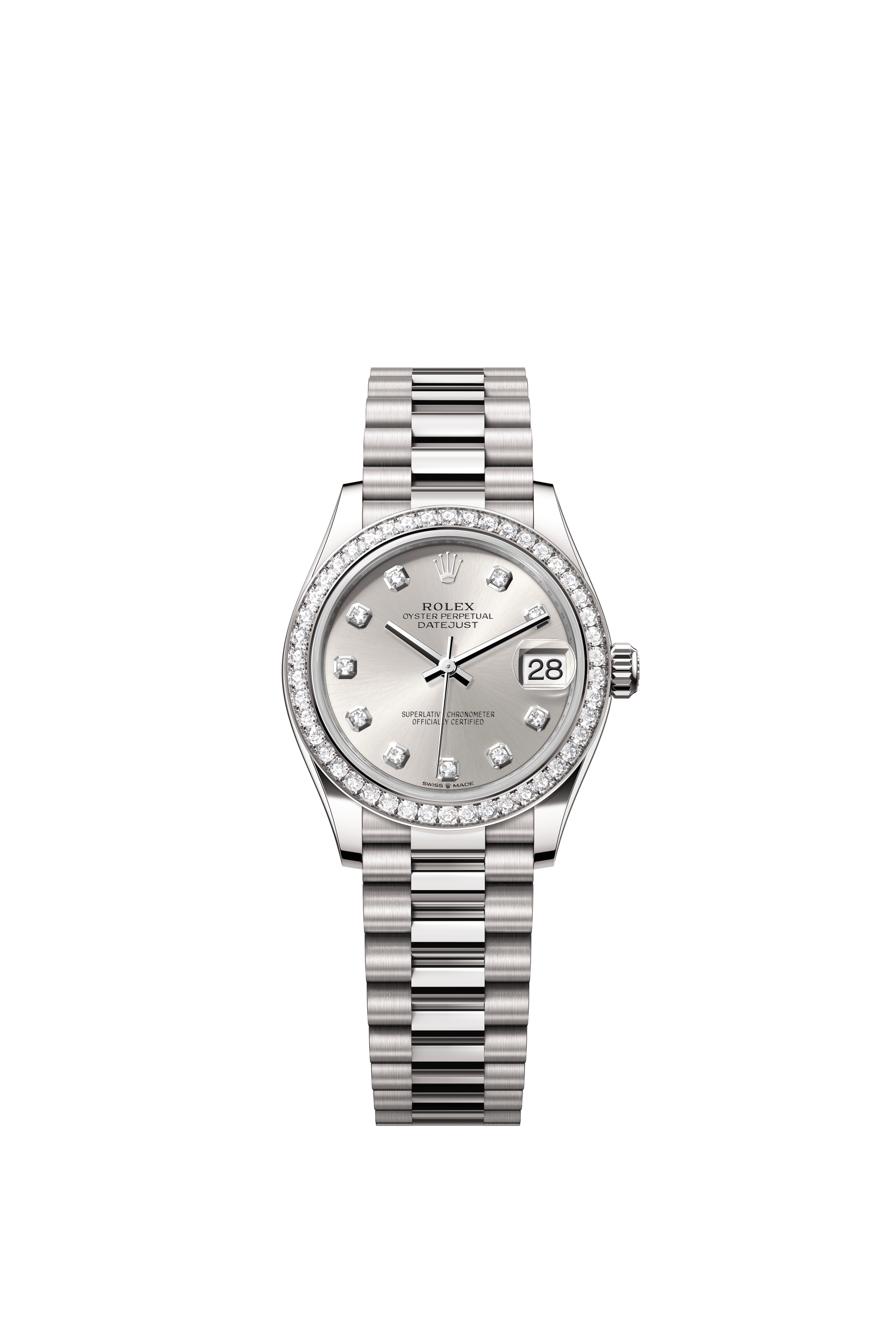 Rolex Oyster Perpetual Datejust 31 in 18 ct white gold features a silver, diamond-set dial and a President bracelet 278289RBR-Silver 1