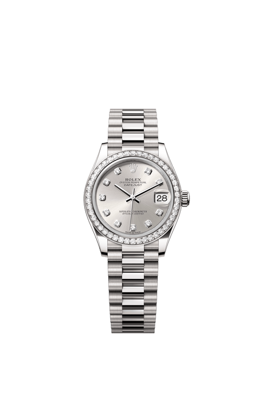 Rolex Oyster Perpetual Datejust 31 in 18 ct white gold features a silver, diamond-set dial and a President bracelet 278289RBR-Silver 1