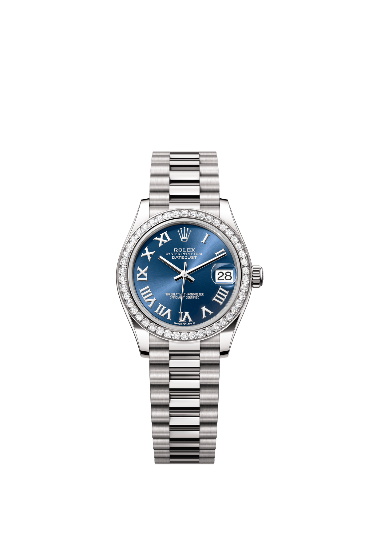 Rolex Oyster Perpetual Datejust 31 in 18 ct white gold features a bright blue dial and a President bracelet 278289RBR-Blue