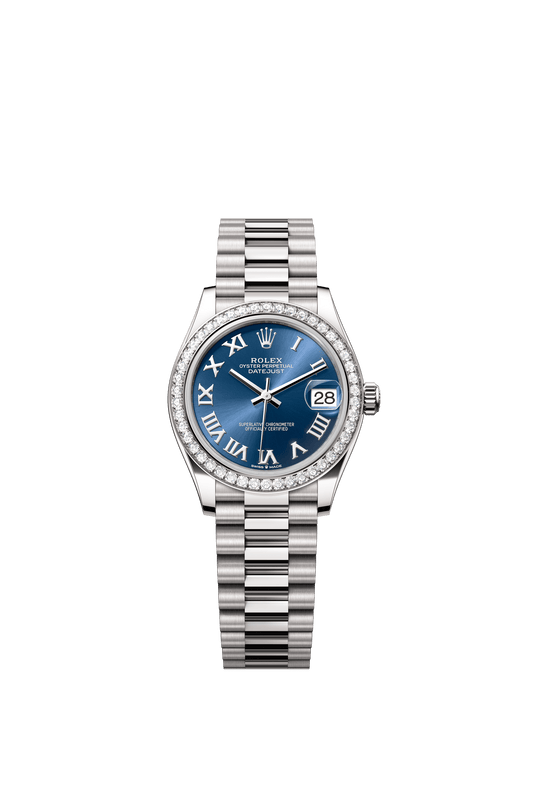 Rolex Oyster Perpetual Datejust 31 in 18 ct white gold features a bright blue dial and a President bracelet 278289RBR-Blue