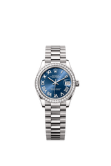 Rolex Oyster Perpetual Datejust 31 in 18 ct white gold features a bright blue dial and a President bracelet 278289RBR-Blue