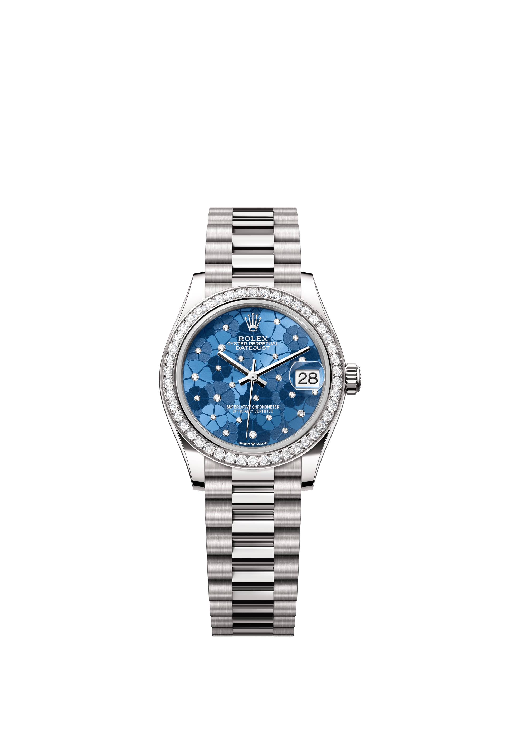 Rolex Oyster Perpetual Datejust 31 in 18 ct white gold features an azzurro-blue floral-motif, diamond-set dial and a President bracelet 278289RBR-Blue 1