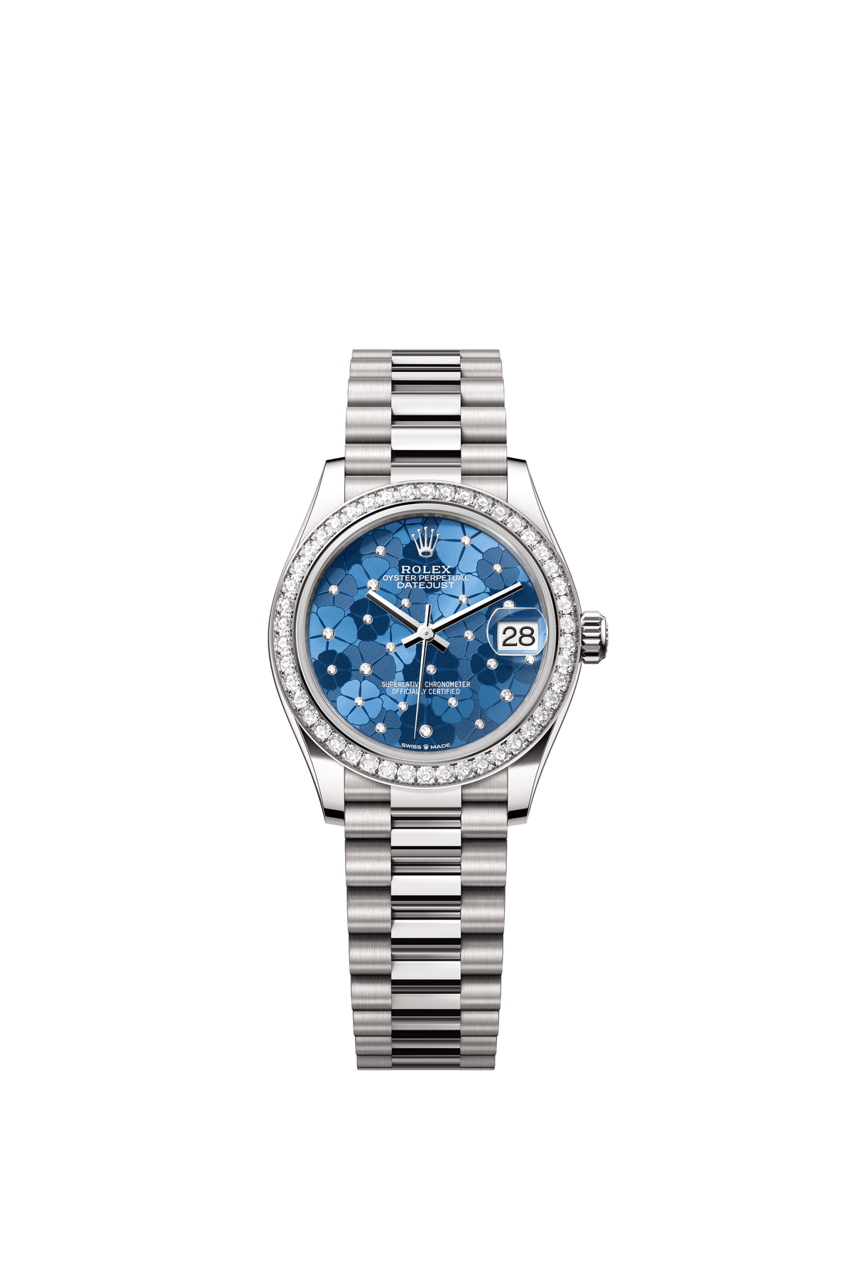 Rolex Oyster Perpetual Datejust 31 in 18 ct white gold features an azzurro-blue floral-motif, diamond-set dial and a President bracelet 278289RBR-Blue 1