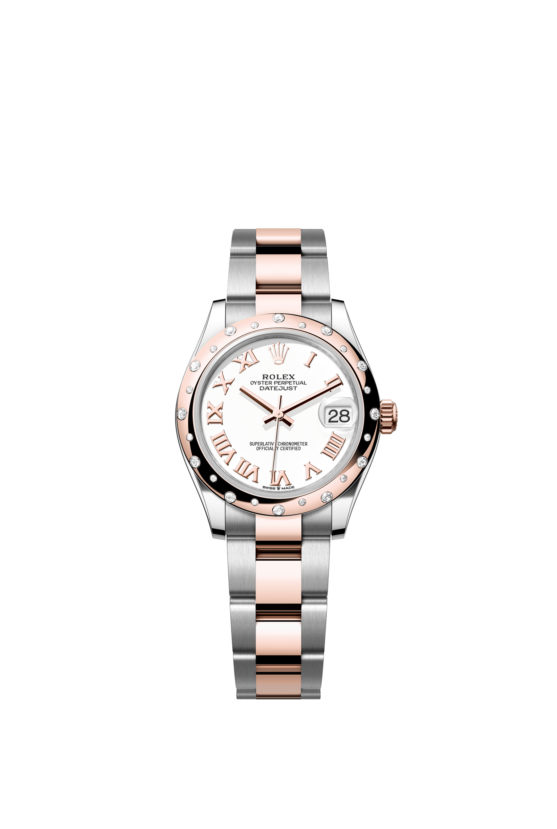 Rolex Oyster Perpetual Datejust 31 in Oystersteel and Everose gold features a white dial and an Oyster bracelet. 278341RBR-White