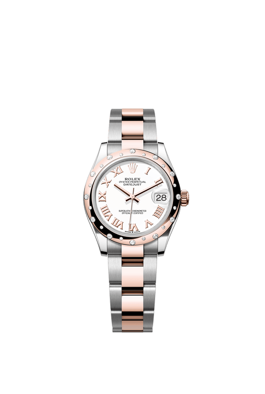 Rolex Oyster Perpetual Datejust 31 in Oystersteel and Everose gold features a white dial and an Oyster bracelet. 278341RBR-White