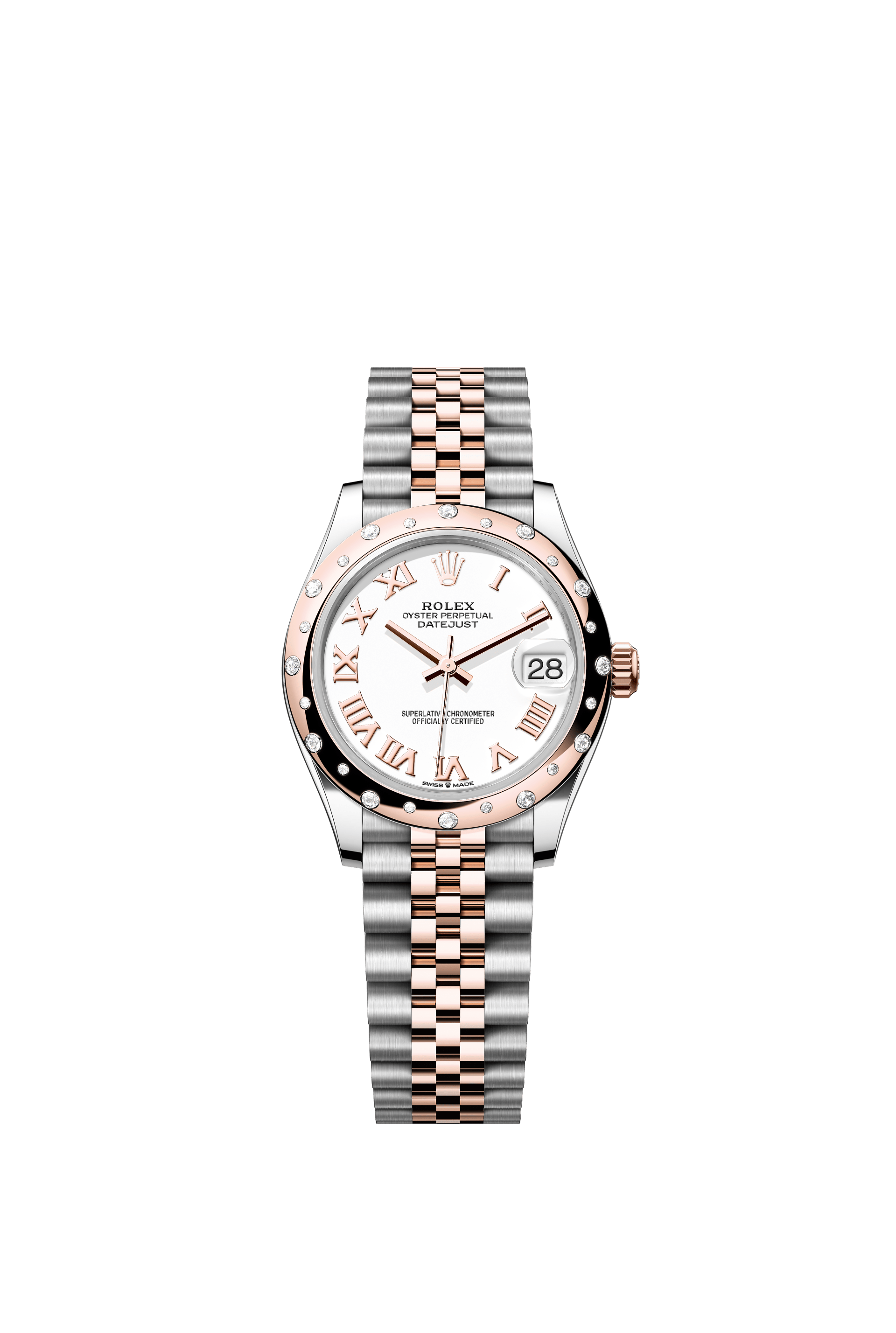 Rolex Oyster Perpetual Datejust 31 in Oystersteel and Everose gold features a white dial and a Jubilee bracelet. 278341RBR-White 1