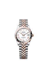 Rolex Oyster Perpetual Datejust 31 in Oystersteel and Everose gold features a white dial and a Jubilee bracelet. 278341RBR-White 1