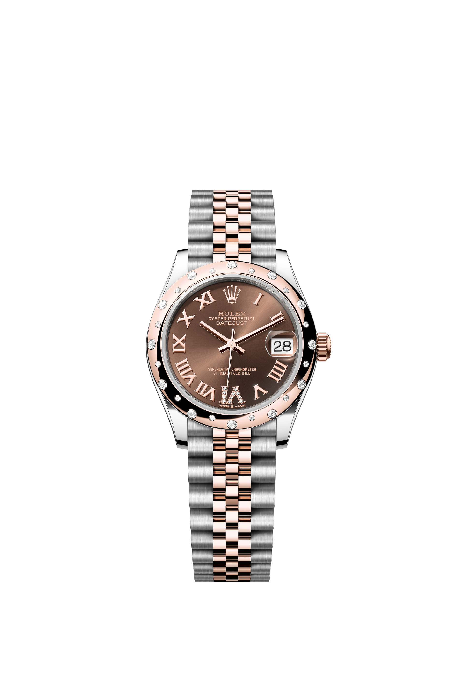 Rolex Oyster Perpetual Datejust 31 in Oystersteel and Everose gold features a chocolate, diamond-set dial and a Jubilee bracelet. 278341RBR-Chocolate 1