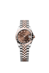 Rolex Oyster Perpetual Datejust 31 in Oystersteel and Everose gold features a chocolate, diamond-set dial and a Jubilee bracelet. 278341RBR-Chocolate 1