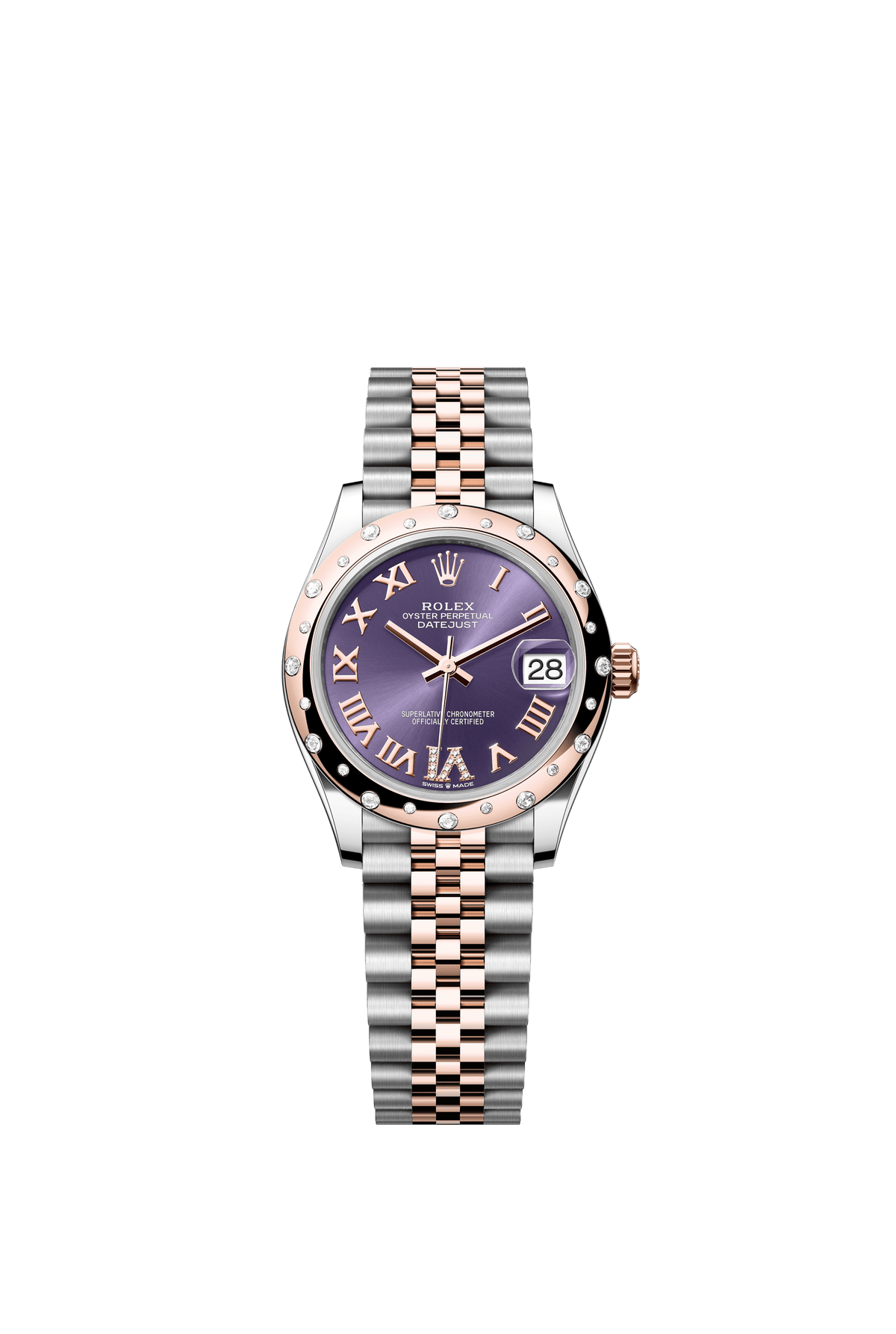 Rolex Oyster Perpetual Datejust 31 in Oystersteel and Everose gold features an aubergine, diamond-set dial and a Jubilee bracelet 278341RBR-Aubergine