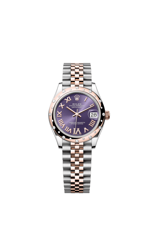 Rolex Oyster Perpetual Datejust 31 in Oystersteel and Everose gold features an aubergine, diamond-set dial and a Jubilee bracelet 278341RBR-Aubergine