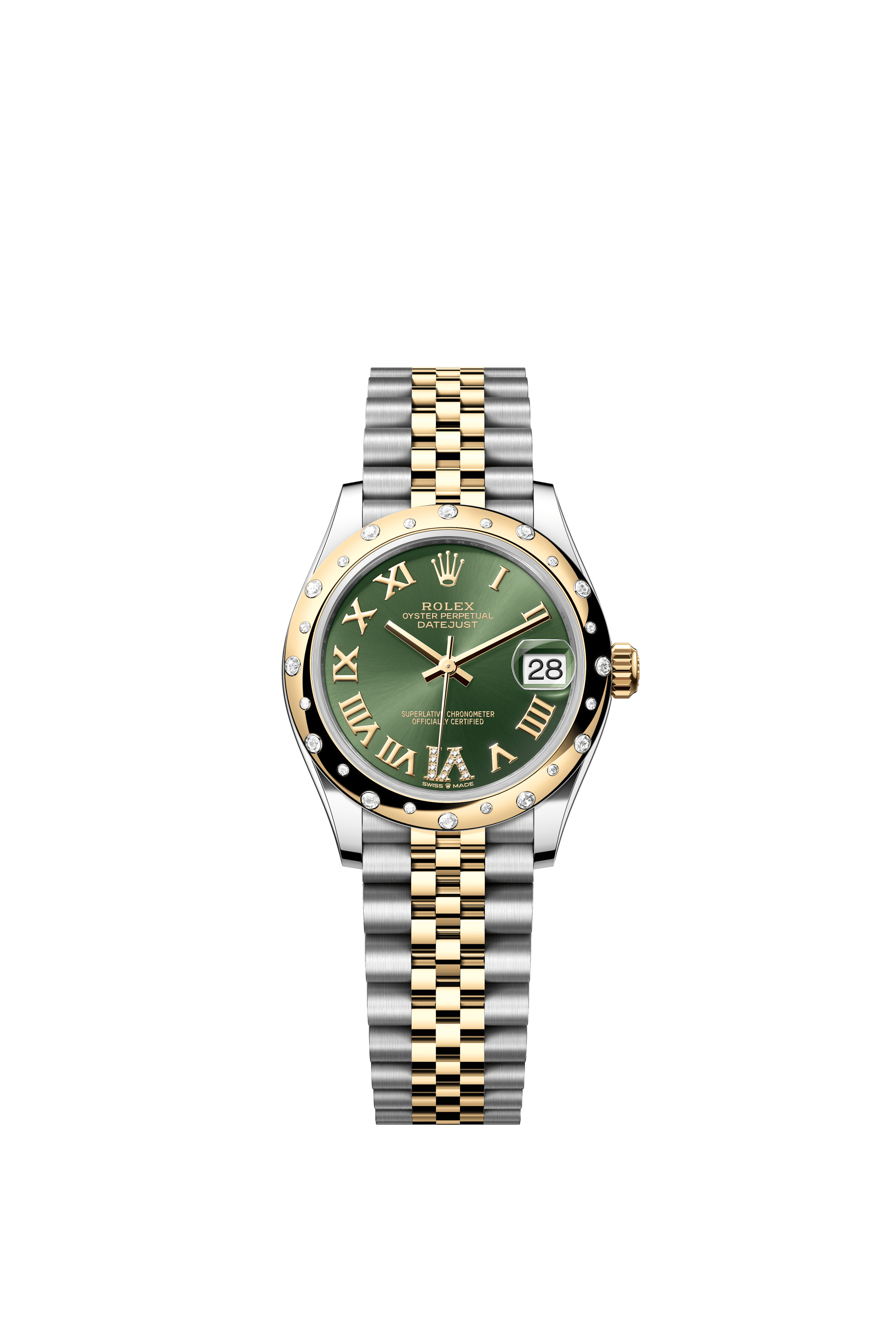 Rolex Oyster Perpetual Datejust 31 in Oystersteel and yellow gold features an olive-green, diamond-set dial and a Jubilee bracelet 278343RBR-Green