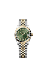 Rolex Oyster Perpetual Datejust 31 in Oystersteel and yellow gold features an olive-green, diamond-set dial and a Jubilee bracelet 278343RBR-Green