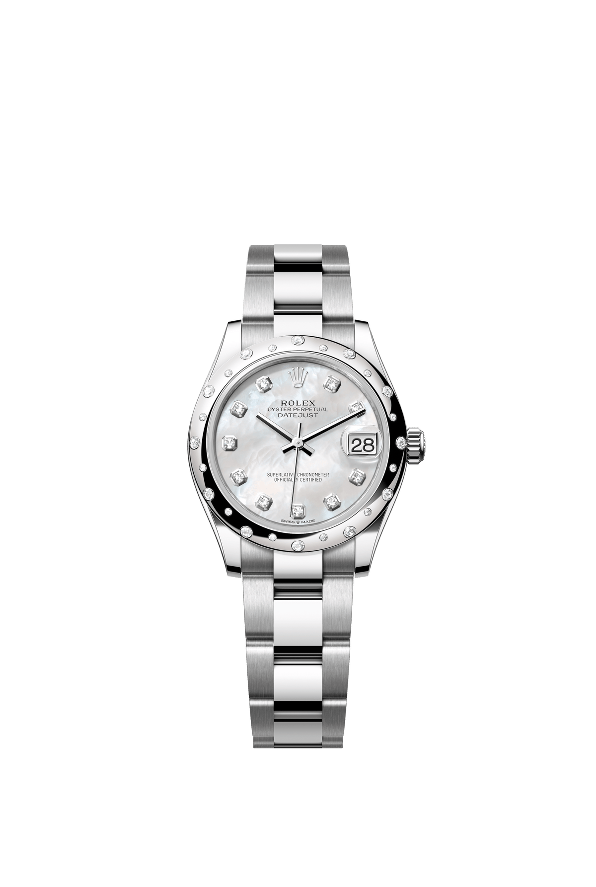 Rolex Oyster Perpetual Datejust 31 in Oystersteel and white gold features a white mother-of-pearl, diamond-set dial and an Oyster bracelet 278344RBR-Mother of Pearl