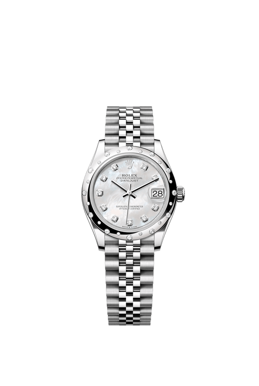 Rolex Oyster Perpetual Datejust 31 in Oystersteel and white gold features a white mother-of-pearl, diamond-set dial and a Jubilee bracelet 278344RBR-Mother of Pearl 1