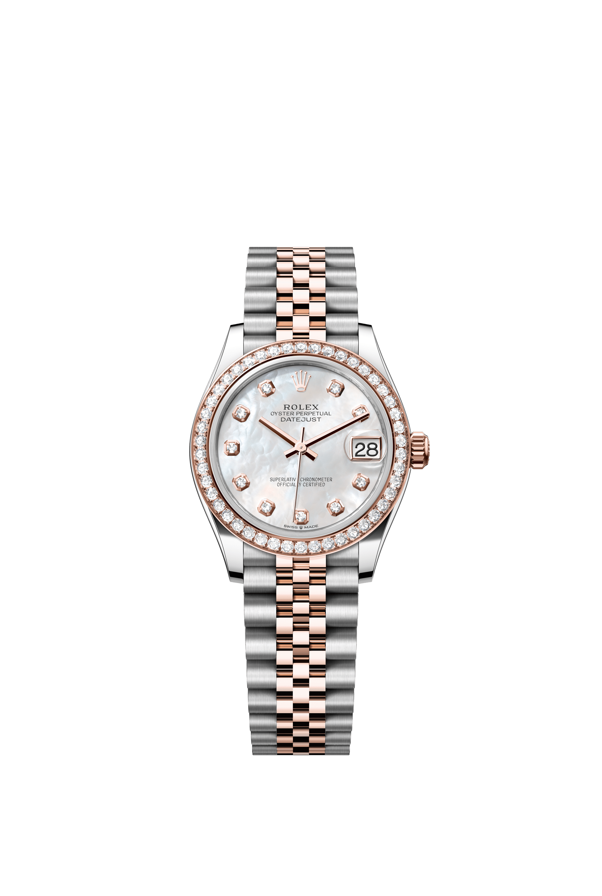 Rolex Oyster Perpetual Datejust 31 in Oystersteel and Everose gold features a white mother-of-pearl, diamond-set dial and a Jubilee bracelet 278381RBR-Mother of Pearl