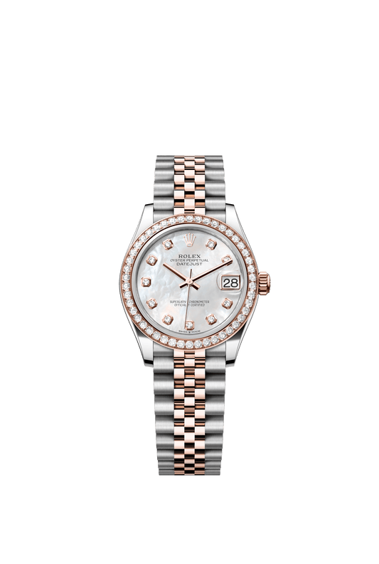 Rolex Oyster Perpetual Datejust 31 in Oystersteel and Everose gold features a white mother-of-pearl, diamond-set dial and a Jubilee bracelet 278381RBR-Mother of Pearl