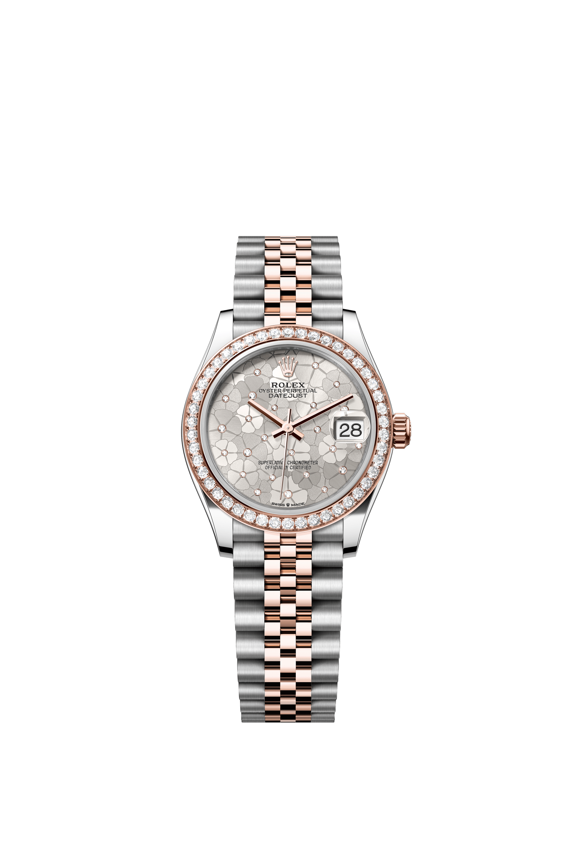 Rolex Oyster Perpetual Datejust 31 in Oystersteel and Everose gold features a silver floral-motif, diamond-set dial and a Jubilee bracelet 278381RBR-Silver