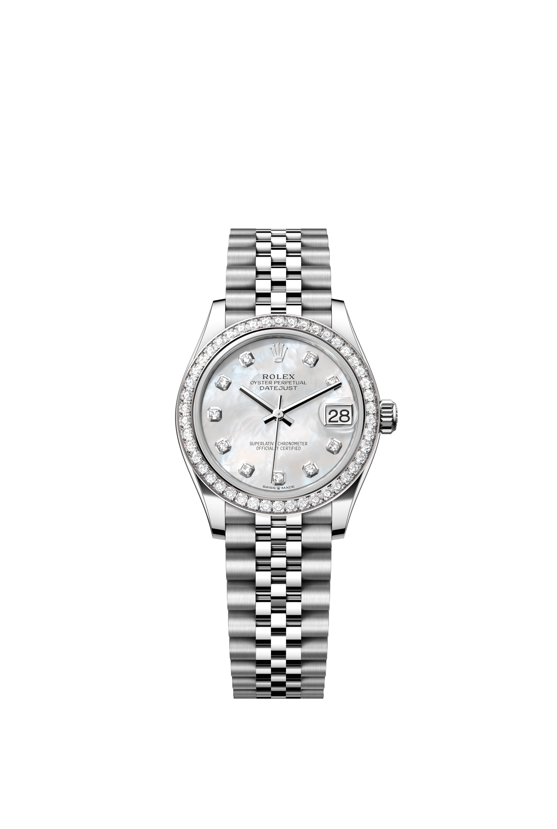 Rolex Oyster Perpetual Datejust 31 in Oystersteel and white gold features a white mother-of-pearl, diamond-set dial and a Jubilee bracelet 278384RBR-Mother of Pearl