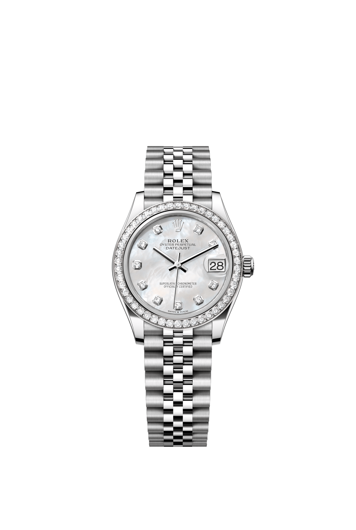 Rolex Oyster Perpetual Datejust 31 in Oystersteel and white gold features a white mother-of-pearl, diamond-set dial and a Jubilee bracelet 278384RBR-Mother of Pearl