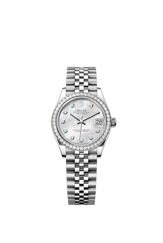 Rolex Oyster Perpetual Datejust 31 in Oystersteel and white gold features a white mother-of-pearl, diamond-set dial and a Jubilee bracelet 278384RBR-Mother of Pearl