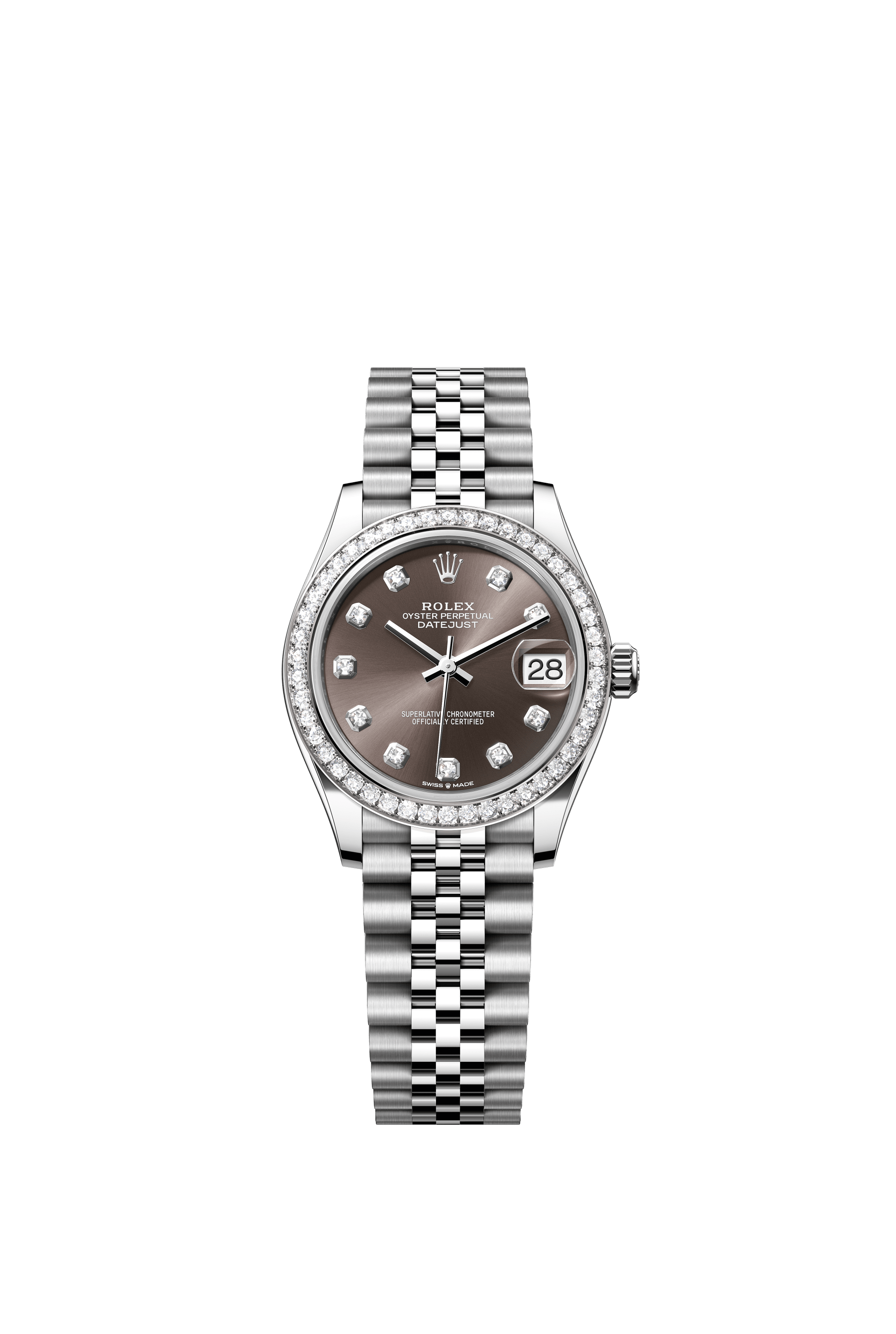 Rolex Oyster Perpetual Datejust 31 in Oystersteel and white gold features a dark grey, diamond-set dial and a Jubilee bracelet 278384RBR-Grey