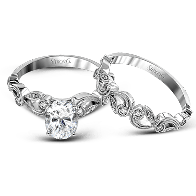 Oval-cut Trellis Engagement Ring & Matching Wedding Band in 18k Gold with Diamonds TR473-OV WHITE 18K SET