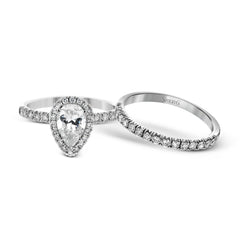 Pear-cut Halo Engagement Ring & Matching Wedding Band in 18K Gold with Diamonds MR2906_WHITE_18K_SET