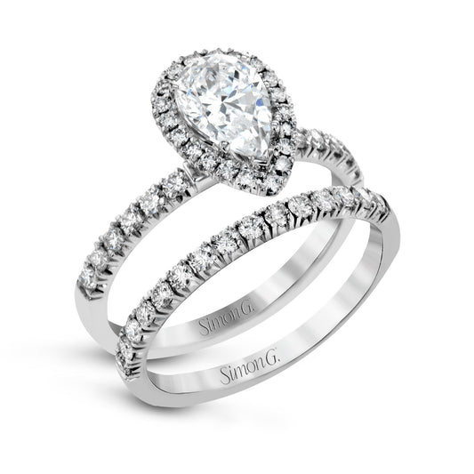 Pear-cut Halo Engagement Ring & Matching Wedding Band in 18K Gold with Diamonds MR2906_WHITE_18K_SET