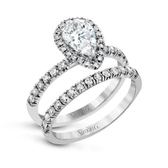 Pear-cut Halo Engagement Ring & Matching Wedding Band in 18K Gold with Diamonds MR2906_WHITE_18K_SET