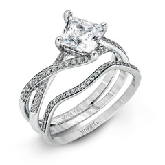 Princess-cut Criss-cross Engagement Ring & Matching Wedding Band in 18k Gold with Diamonds MR1395 WHITE 18K SET