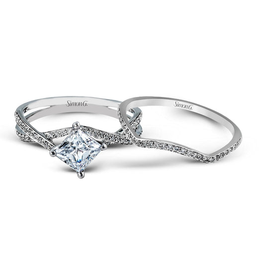 Princess-cut Criss-cross Engagement Ring & Matching Wedding Band in 18k Gold with Diamonds MR1395 WHITE 18K SET