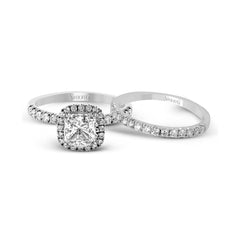 Princess-cut Halo Engagement Ring & Matching Wedding Band in 18k Gold with Diamonds MR2132-PC_WHITE_18K_SET