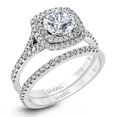 Round-cut Double-Halo Engagement Ring & Matching Wedding Band in 18k Gold with Diamonds MR2459 WHITE 18K SET